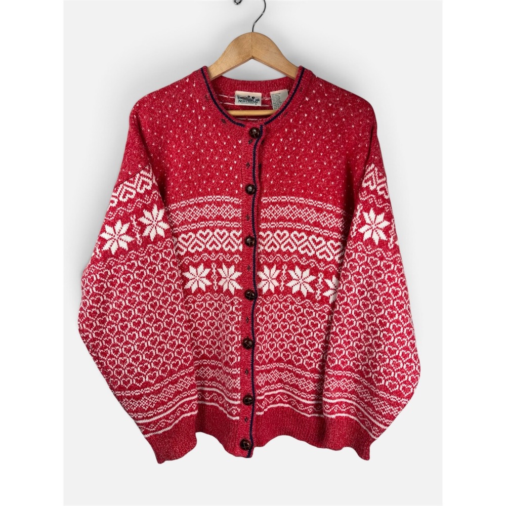Vintage Northern Reflections Cardigan Red Fair Isle Snowflake Sweater Women L